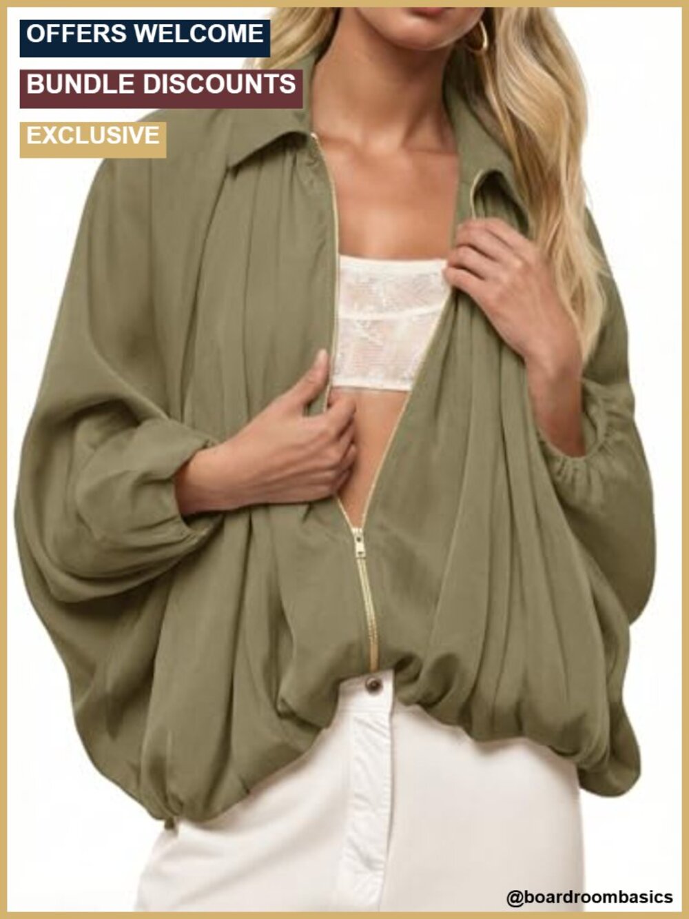 Womens Oversized Bomber Jacket Batwing Sleeve Zip Up Casual